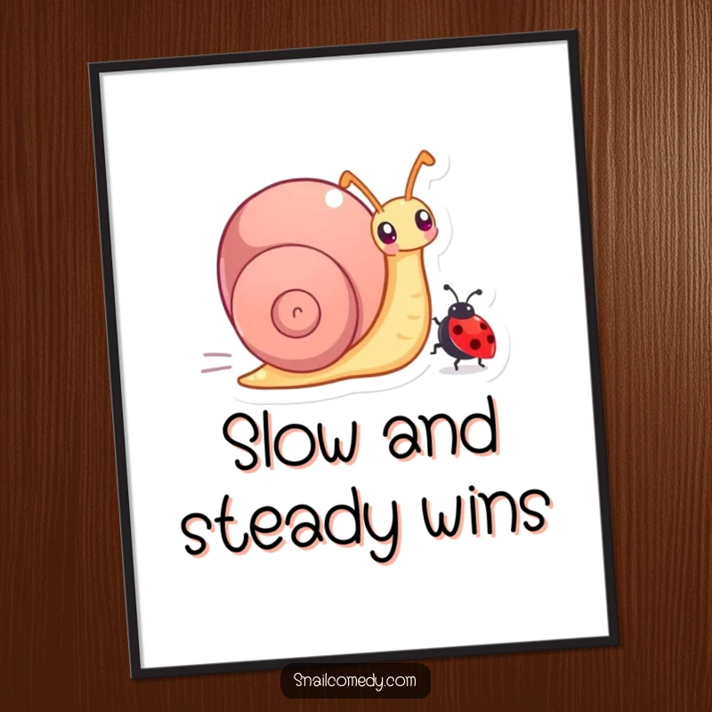 Funny poster featuring a snail character joyfully racing a tiny ladybug, a dynamic and humorous illustration.