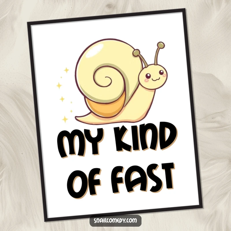 Funny Poster depicting a gleeful snail character enthusiastically sliding, leaving a trail of shimmering sparkles.
