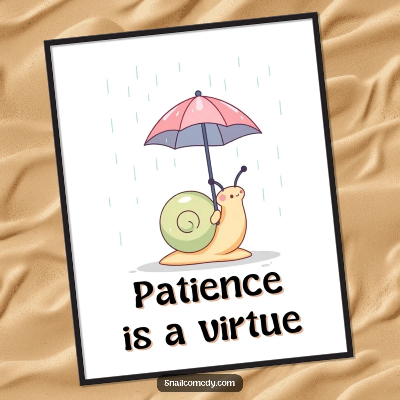 Funny snail with a tiny umbrella in the rain, displayed as a cheerful poster, capturing a whimsical and humorous moment, ideal funny gift.