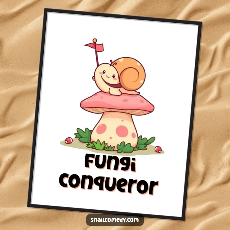 Funny Kawaii Snail Poster, happily waving a tiny flag from atop a colorful mushroom, adding cheerful and humorous artistic flair.