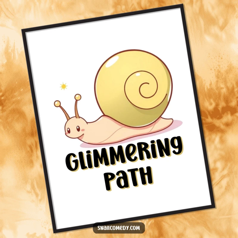 Funny snail poster, a snail character joyfully leaves a shimmering, sparkling trail, symbolizing a unique and happy path.