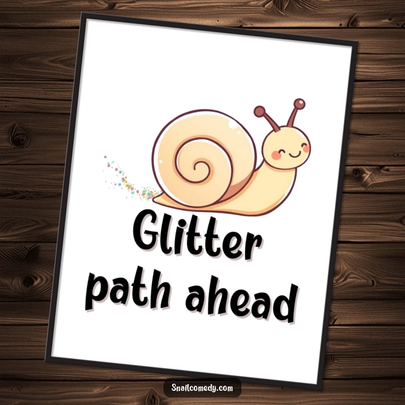 Cute kawaii snail leaving a shimmering glitter trail, digital art print for enchanting decor.