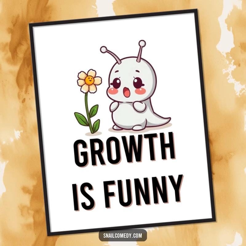 Funny poster depicting a comically surprised snail reacting to a joyfully giggling flower.