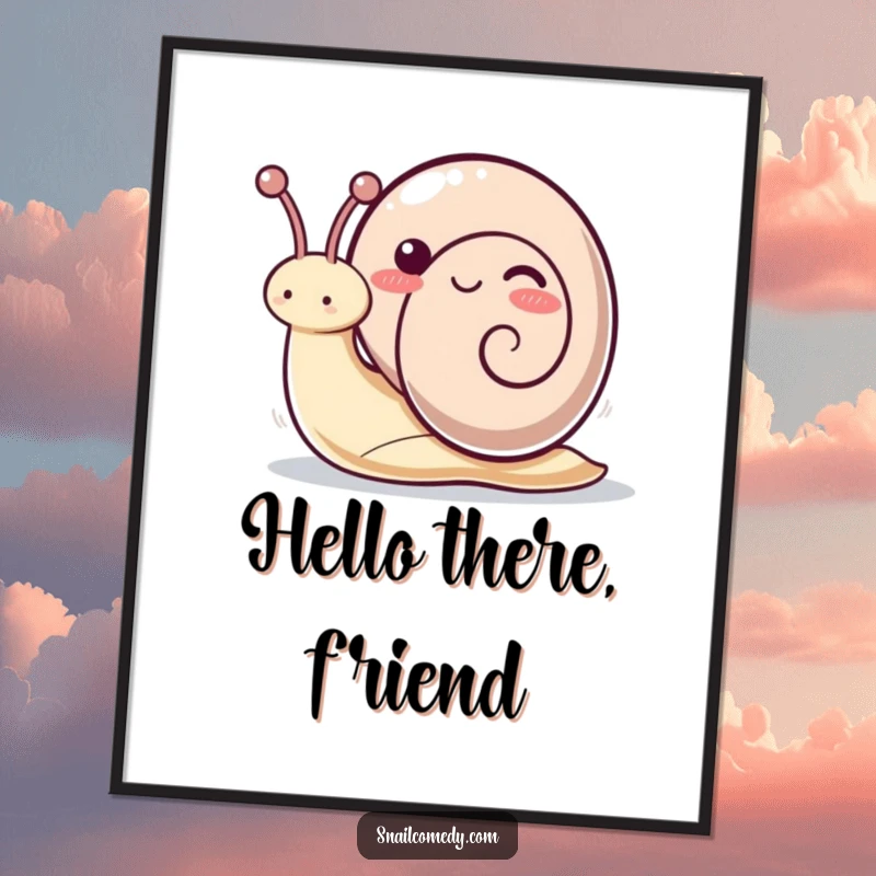 Funny kawaii snail poster of a playful snail waving its antennae with energy, perfect for adding fun and humor.