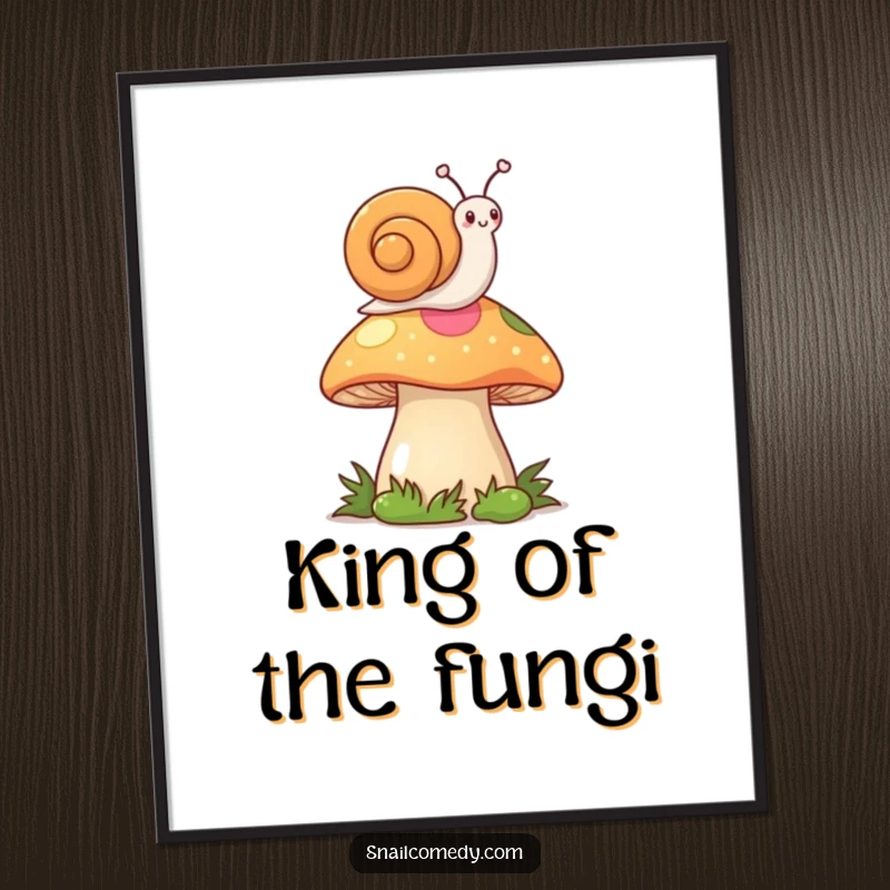 Funny Kawaii Snail Poster: Happy snail waving flag from mushroom top, vibrant art, perfect funny gift.