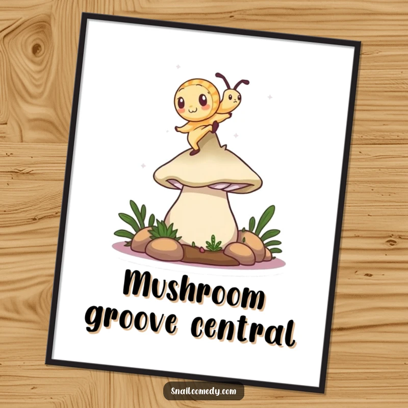 Funny snail poster showcasing a snail dancing on a mushroom cap, whimsical and uplifting wall art.
