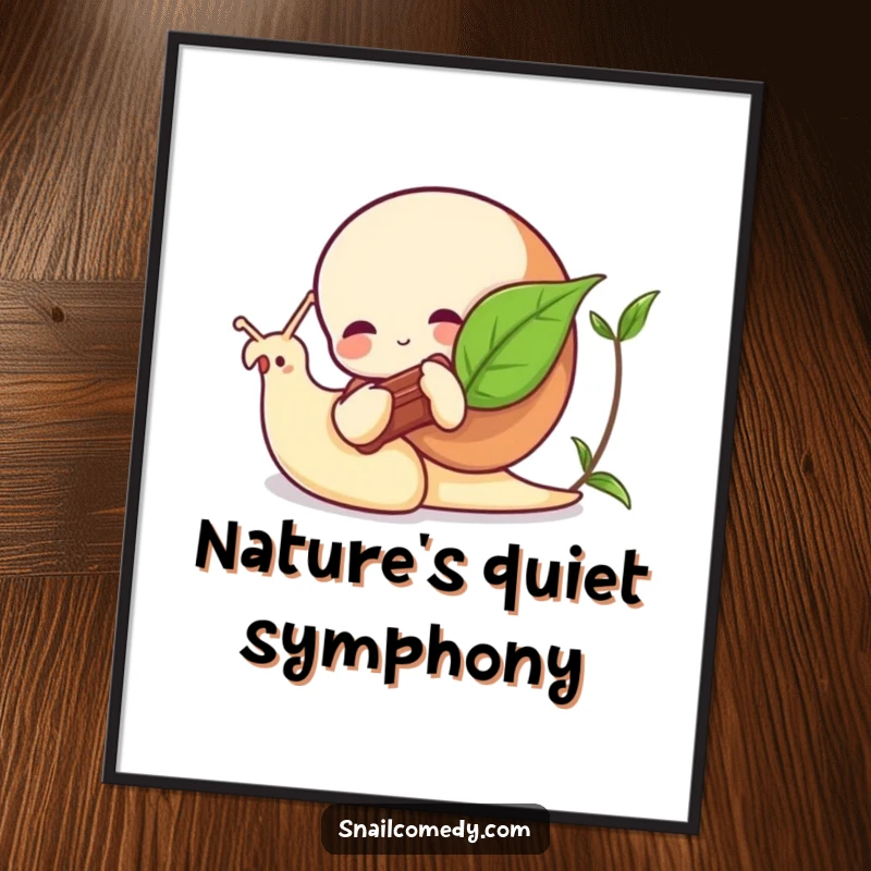 Funny snail poster showcasing a snail playing a leaf as a tiny instrument, charming wall art for music lovers.