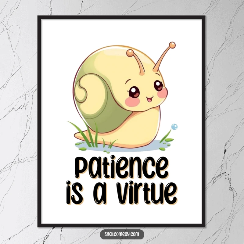 Funny poster showcasing a delightful snail character gently reaching for a glistening drop of morning dew, set against a soft background.