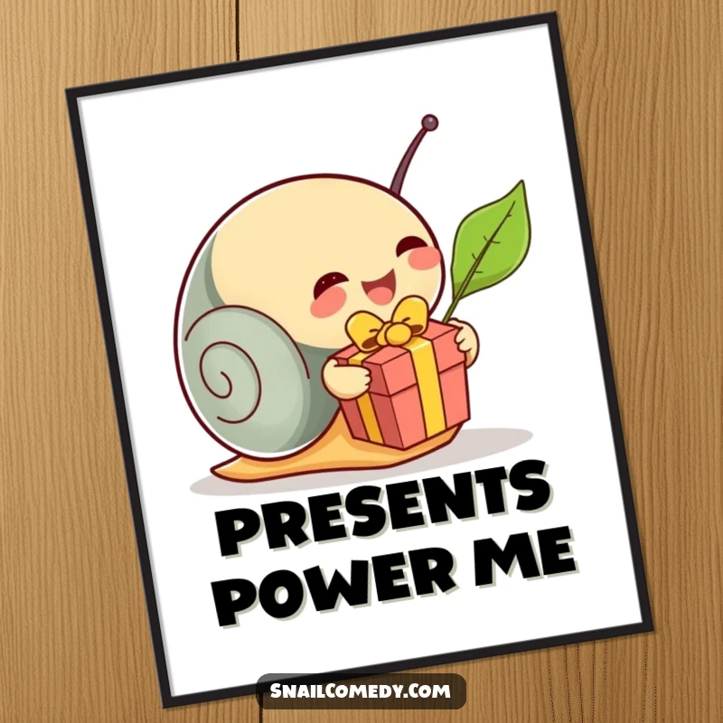 Funny snail unwrapping a leaf present, depicted as a cheerful poster, capturing the excitement of gifting, an ideal funny gift.