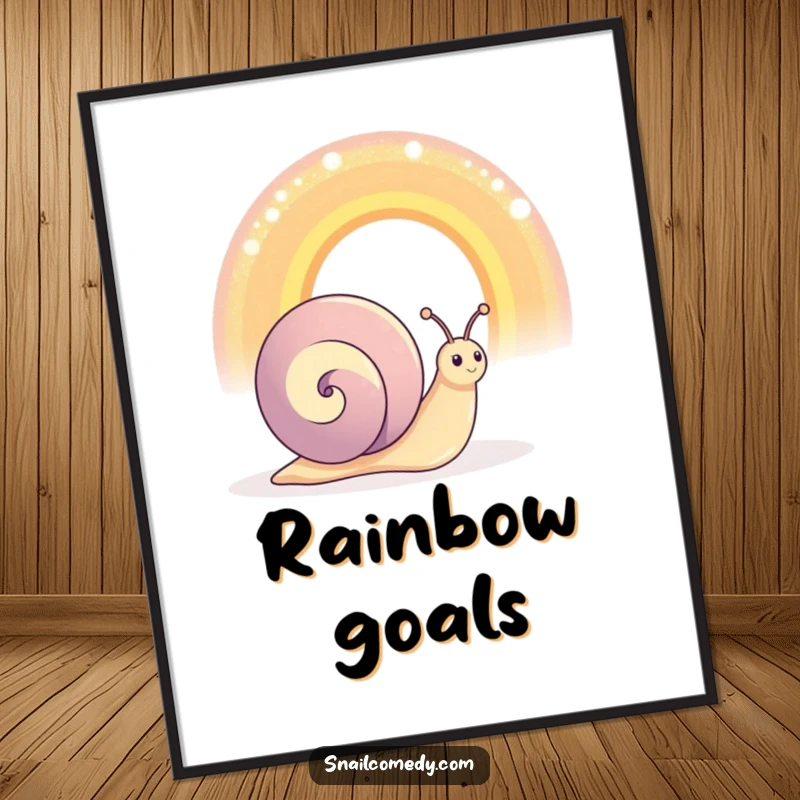 Funny happy snail character admiring an oversized, shimmering rainbow, vibrant poster, humorous wall art.