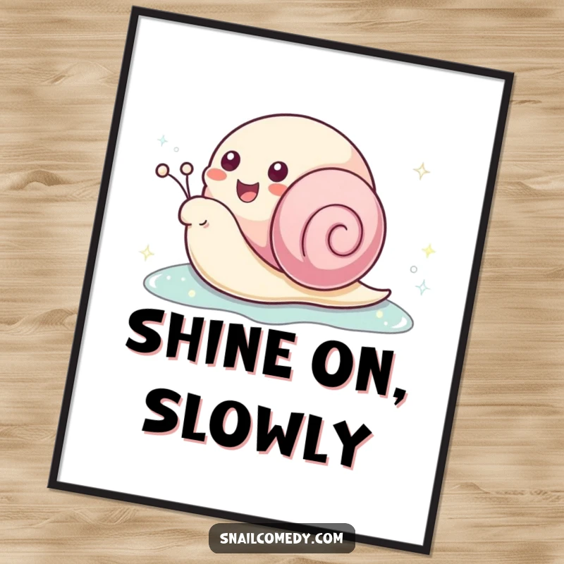 Funny kawaii snail poster of a joyful snail leaving a sparkling slime trail, perfect for adding a touch of magic and humor.