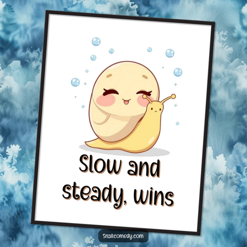 Funny poster art of a cheerful snail winking playfully as it juggles delicate, tiny dewdrops with comical, slow-motion grace.