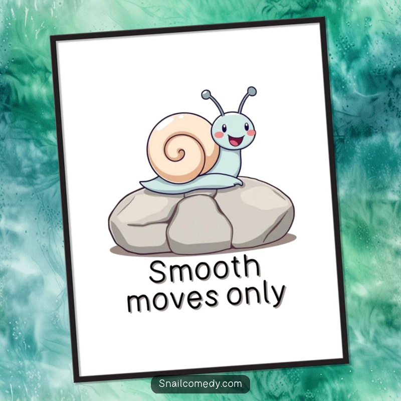 Funny snail sliding down a smooth stone, depicted as a cheerful poster, capturing pure exhilaration, an ideal funny gift.