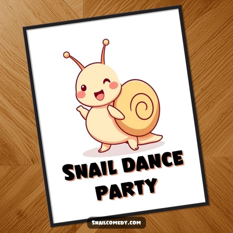 Funny snail poster illustrating a joyful snail dancing a jig with its antennae wiggling, capturing movement and happiness.