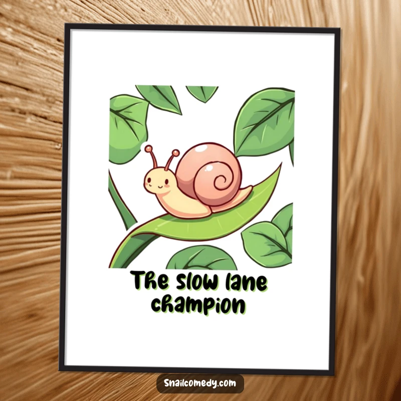 Funny, energetic snail in a moment of pure delight sliding down a slippery leaf, presented as a captivating and humorous poster.