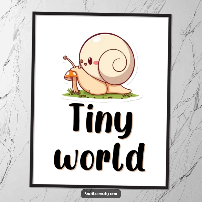 Funny snail poster, a snail character enthusiastically explores a tiny mushroom, symbolizing wonder and the joy of discovery.