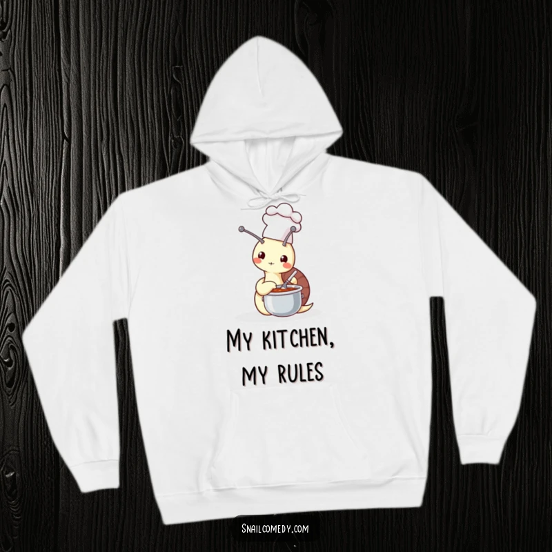 Funny snail chef stirring soup on a warm hoodie, perfect for cozy kitchen vibes and humor, a wonderful funny gift.