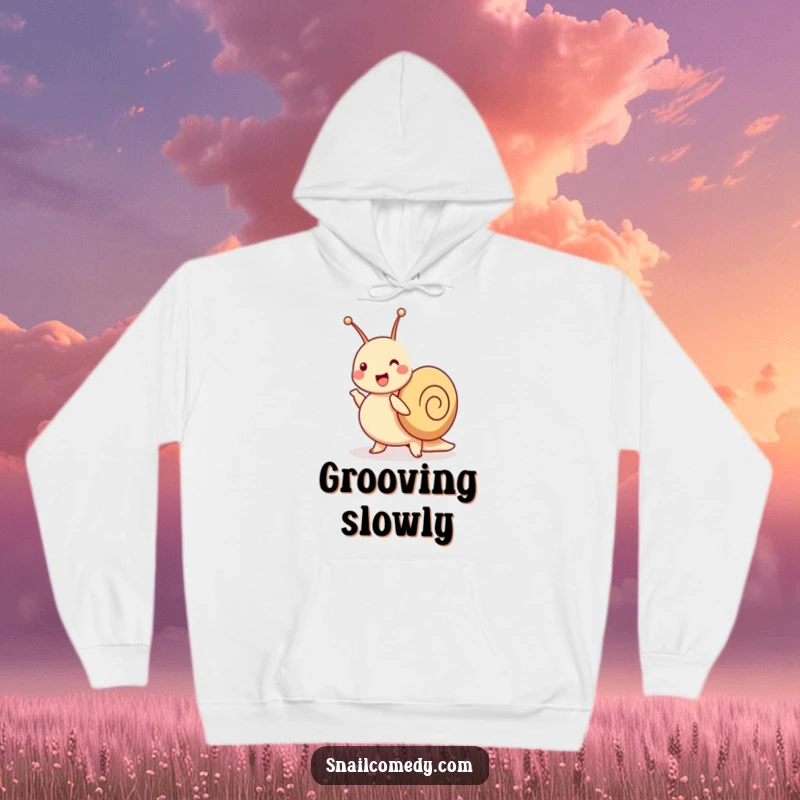Funny snail hoodie featuring a joyful snail dancing a jig with its antennae wiggling, offering warmth and playful vibes.