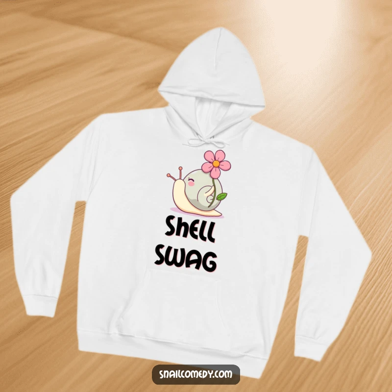 Funny Kawaii snail hoodie featuring a cute snail carrying a bright flower on its shell with an expression of excited pride.
