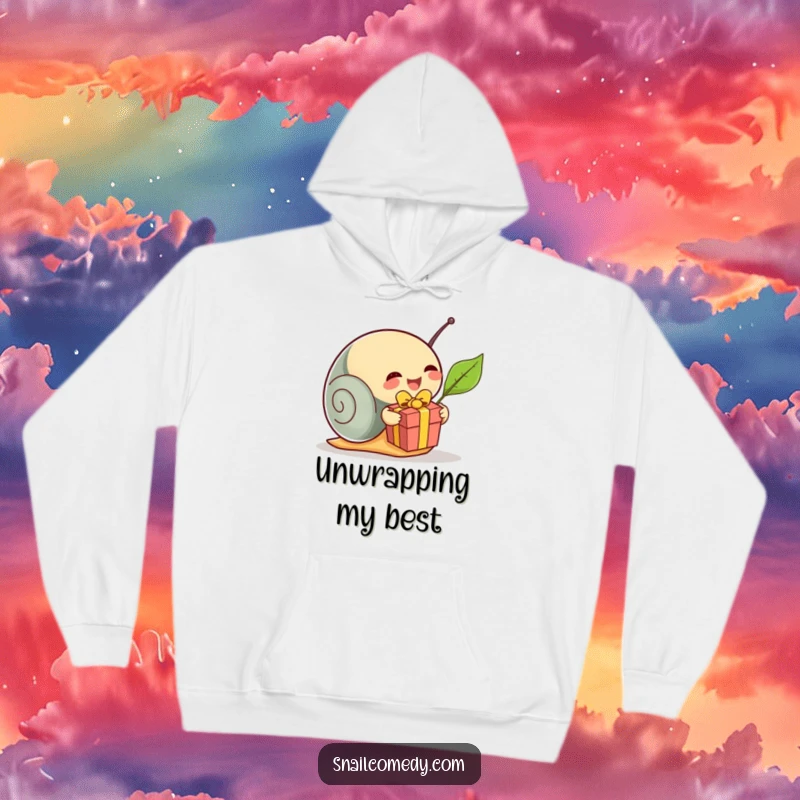 Funny snail unwrapping a present on a cozy hoodie, representing festive joy and warmth, a wonderful funny gift.