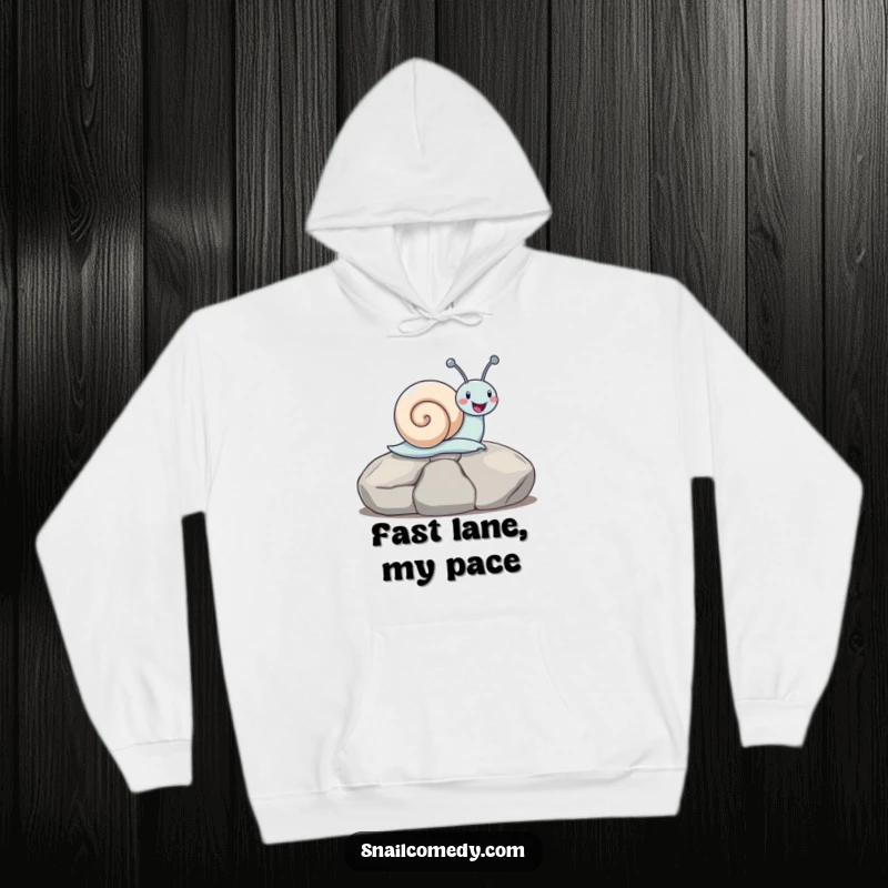 Funny snail sliding down a stone on a cozy hoodie, representing downhill fun and happiness, a wonderful funny gift.