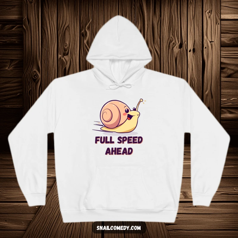 Excited kawaii snail zooming forward with surprising speed on a warm and cozy hoodie.