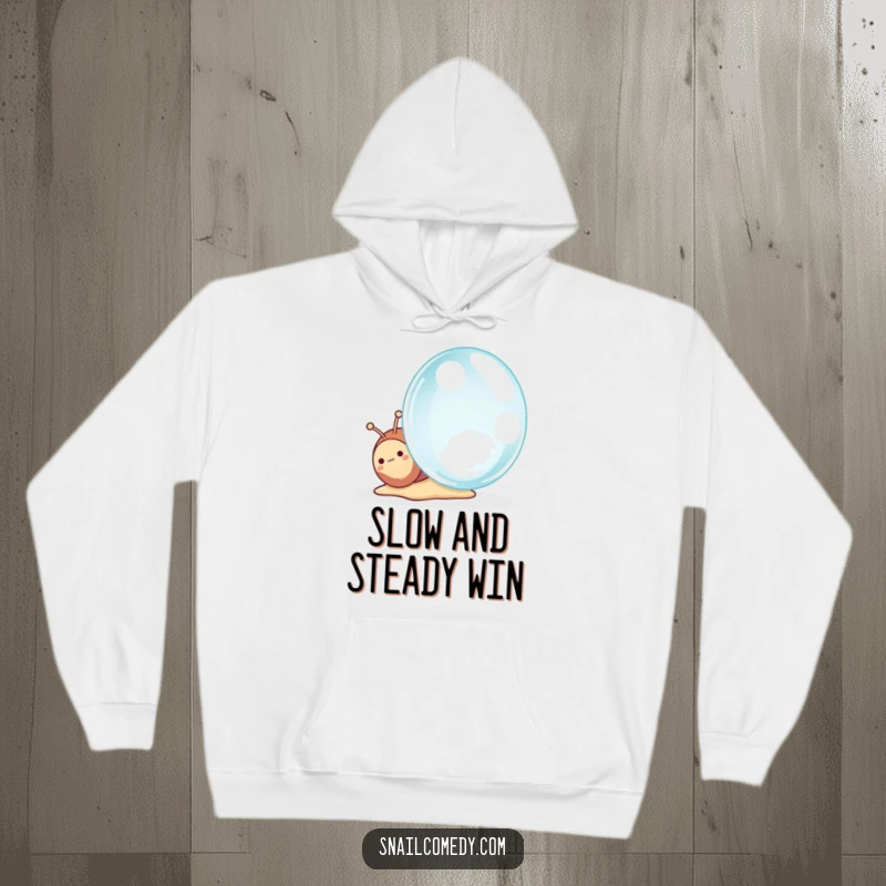 Funny Kawaii Snail Hoodie, a charming snail looking with wonder at a giant dewdrop, cozy and cute apparel for gift.