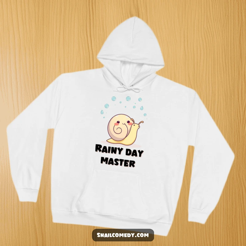 Funny kawaii snail hoodie, a happy snail juggling raindrops, bringing smiles during wet weather.