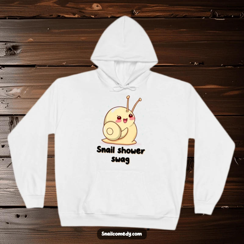 Funny Kawaii Snail Hoodie: A delighted snail gleefully showers in tiny, sparkling raindrops, embodying pure, cozy happiness.