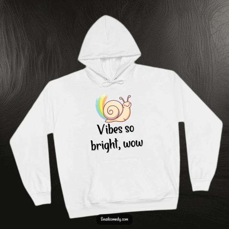 Funny happy snail leaving a shimmering rainbow trail behind on a warm hoodie, a magical funny gift.