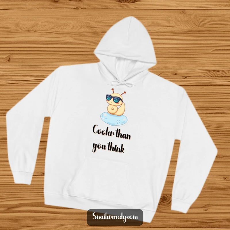 Funny hoodie with a snail character wearing sunglasses, happily floating on a water drop, for ultimate comfort.