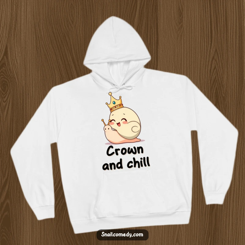 Funny Hoodie showing a giggling snail king character wearing a small crown, exuding royal authority.
