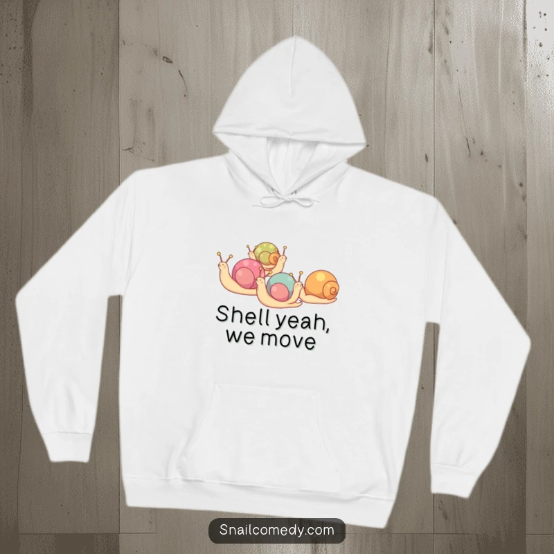 Funny hoodie with a group of snails with colorful shells marching in a line, perfect for staying warm.