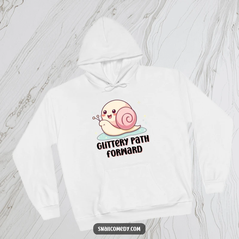 Funny kawaii snail hoodie showing a happy snail leaving a sparkling slime trail, perfect for staying warm and cheerful.