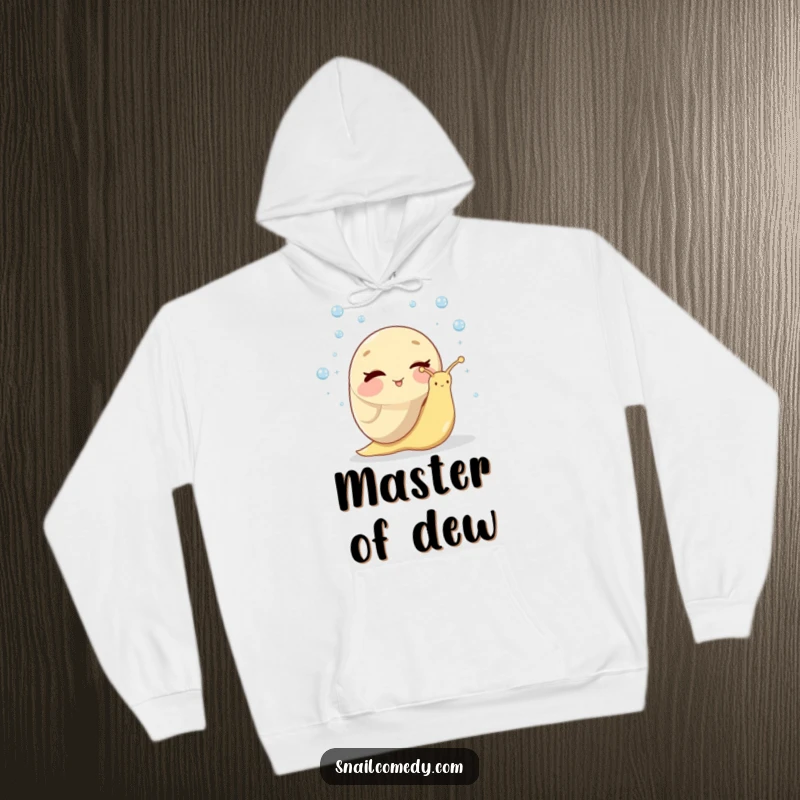 Funny hoodie depicting a cheerful snail winking as it juggles tiny, sparkling dewdrops with exceptional, slow-paced dexterity.