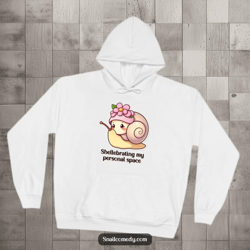 Funny kawaii snail wearing a flower hat, peeking curiously from its shell, comfortable and humorous hoodie.
