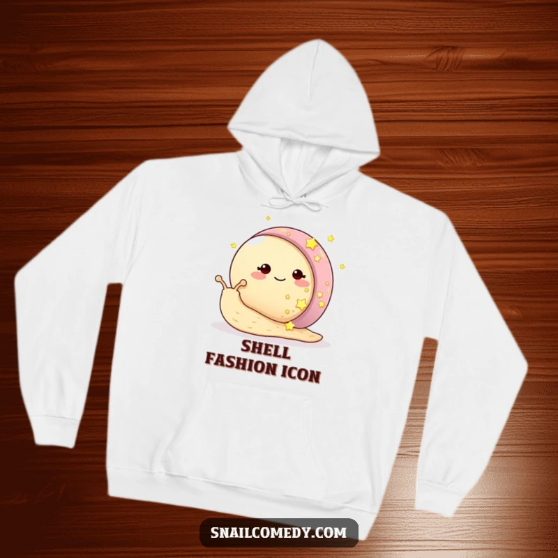 Funny snail hoodie with a smiling snail adorning its shell with glowing stars, creating a cozy and magical vibe.