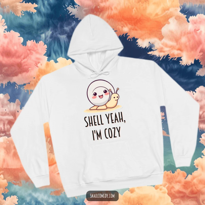 Funny cute snail peeking its head out of its shell, smiling contentedly on a warm hoodie, a superb funny gift.