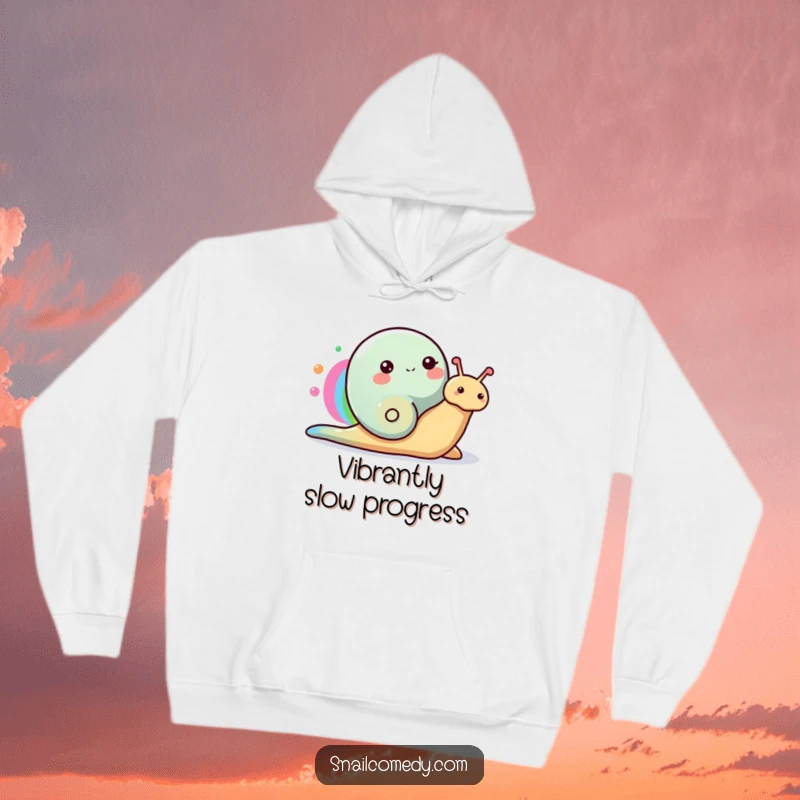 Funny Snail Hoodie featuring a happy snail creating a rainbow with its colorful slime trail, perfect for artistic comfort.