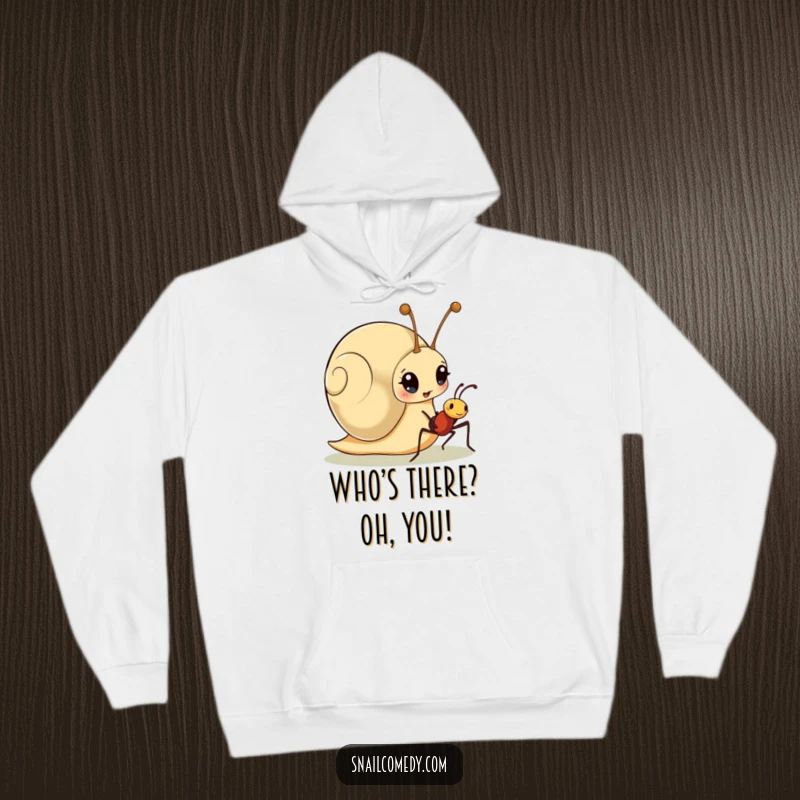 Funny hoodie depicting a surprised snail character encountering a friendly ant, symbolizing heartwarming and humorous connections.