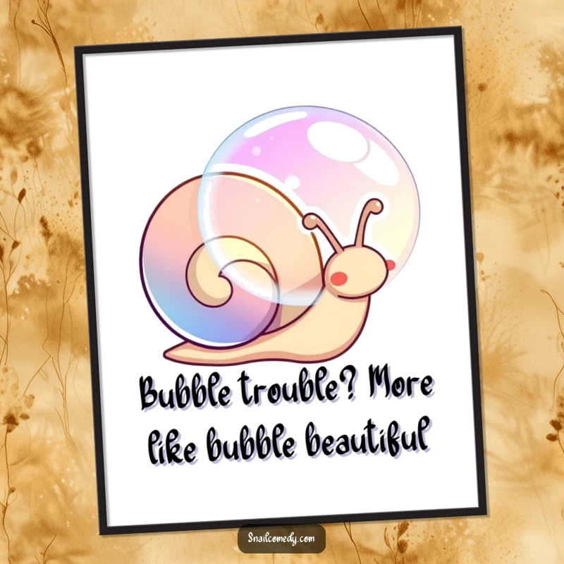 Funny Free Printable Wall Art: A whimsical kawaii snail creating a large, iridescent bubble, radiating pure joy and imagination.