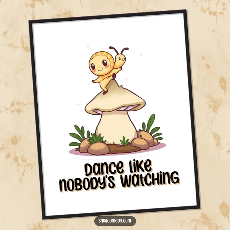 Funny Free Printable Wall Art: A snail dances with delight on a large mushroom cap, creating a whimsical scene.