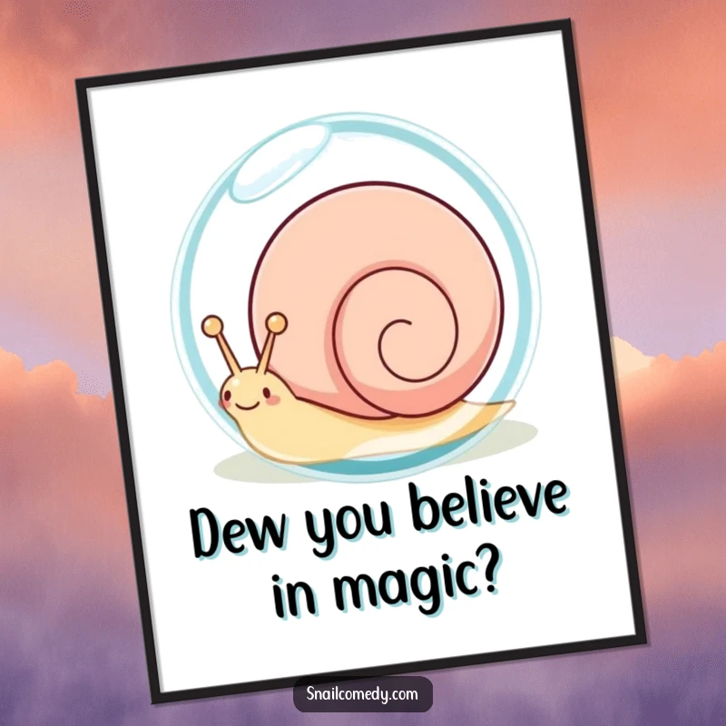 Funny Free Printable Wall Art: A playful kawaii snail peeking from behind a giant, sparkling dewdrop, bringing joy to any room.