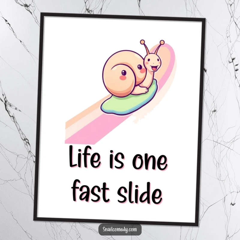 Funny Free Printable Rainbow Snail Wall Art: A happy snail gracefully sliding down a vibrant rainbow, bringing joy and color.
