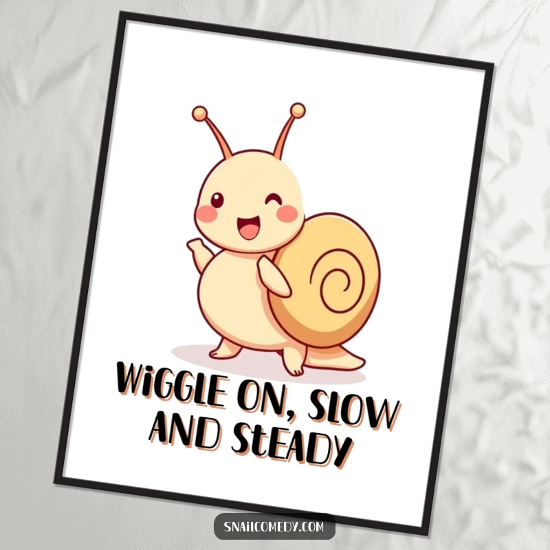 Funny Free Printable Wall Art: A joyful snail is caught mid-dance, performing a jig with enthusiastically wiggling antennae.