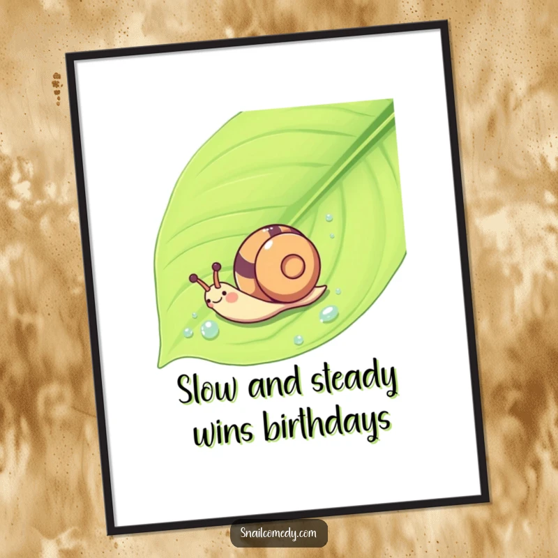 Funny Free Printable Wall Art: A kawaii snail playfully sliding down a wet leaf with a joyful whoosh, bringing smiles.