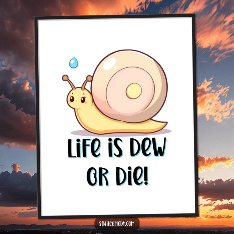 Funny Free Printable Wall Art: A shy kawaii snail with a shy smile offers a glistening dewdrop.