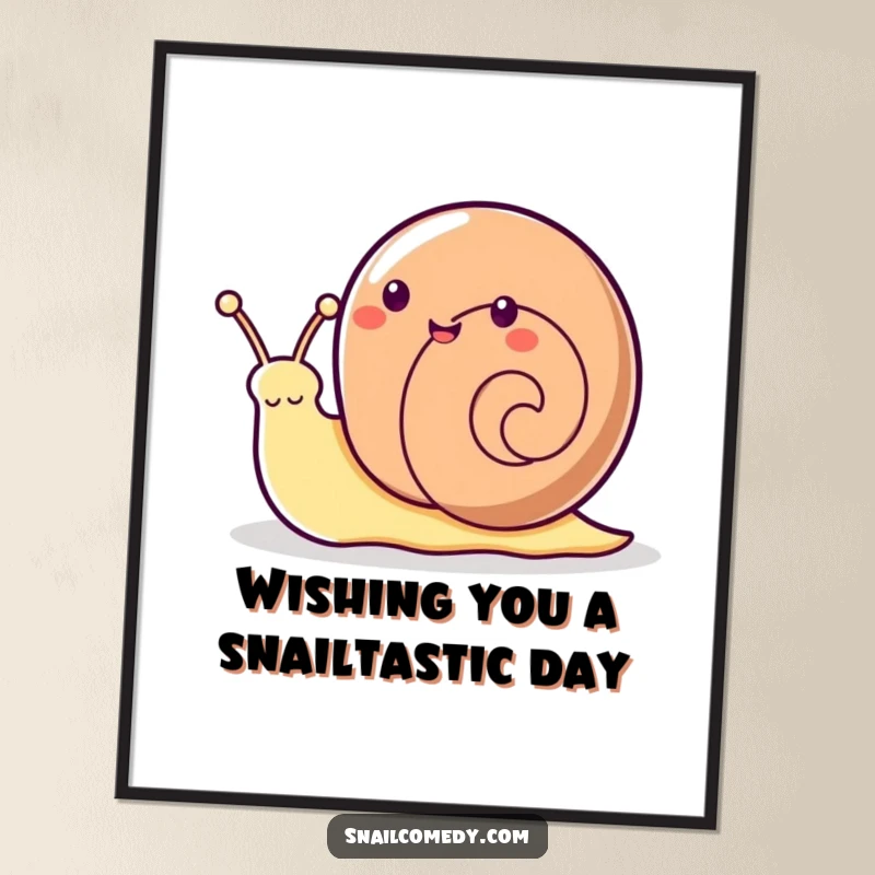 Funny Free Printable Wall Art: A kawaii snail enthusiastically waving hello from its antennae, offering a warm and funny welcome.