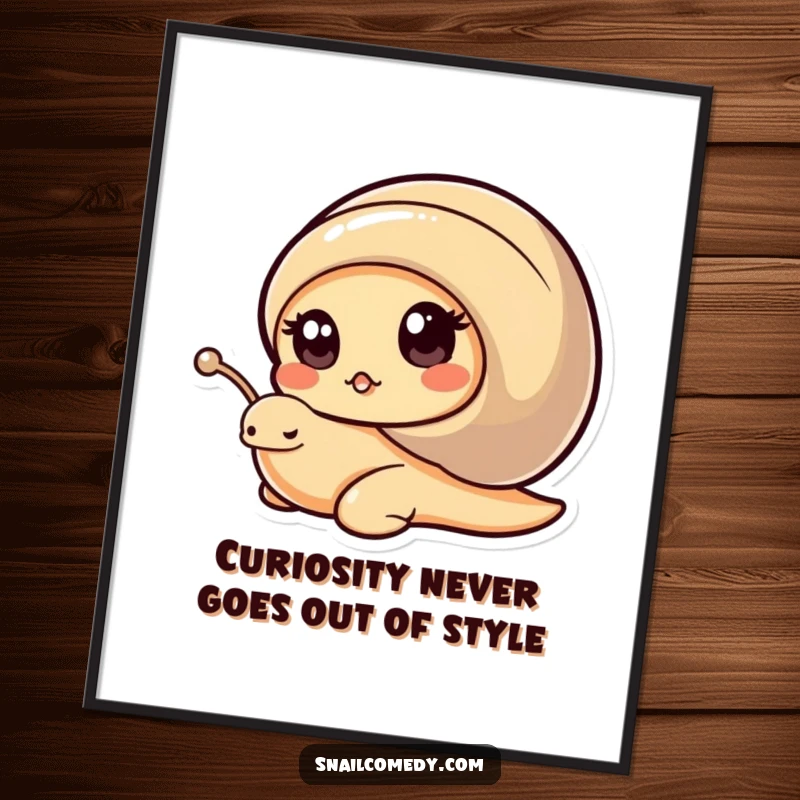 Funny Free Printable Wall Art: A kawaii snail playfully peeks from its shell, its wide eyes full of curiosity.