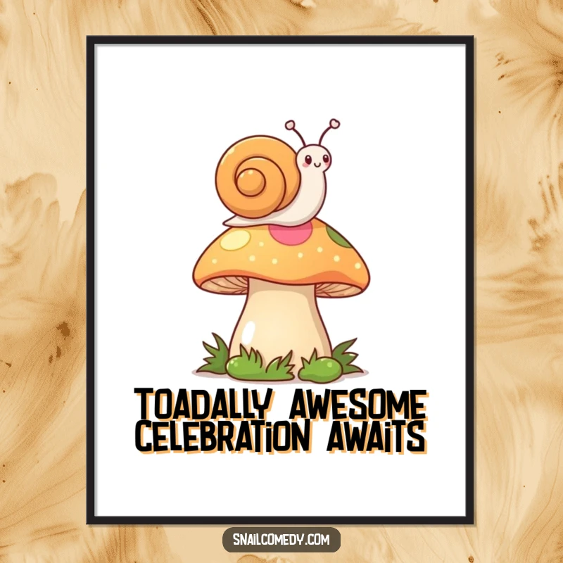 Funny Free Printable Wall Art: A kawaii snail waves a tiny flag from atop a vibrant, colorful mushroom.